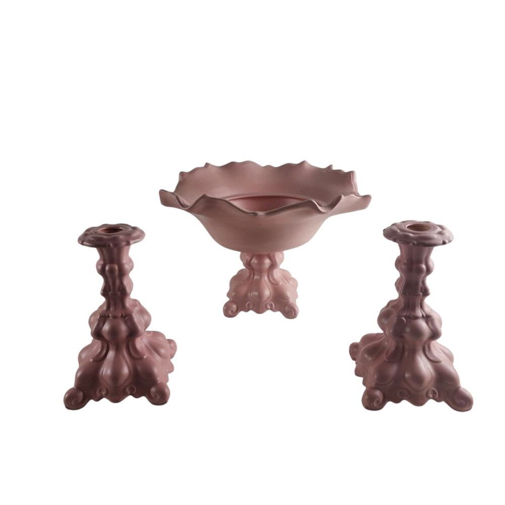 VTG Holland Pink Ceramic Candlestick Holders & Pedestal Compote Bowl Set~3